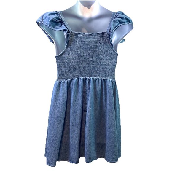 Old Navy Womens Mini Dress Blue Denim Smocked Puff Sleeve Boho Milkmaid Sz L - Picture 2 of 8